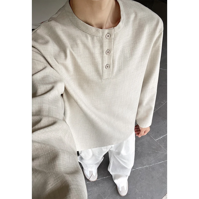 Mens Casual Faux Linen Henley  - Mens Fashion Casual ulasan dan harga