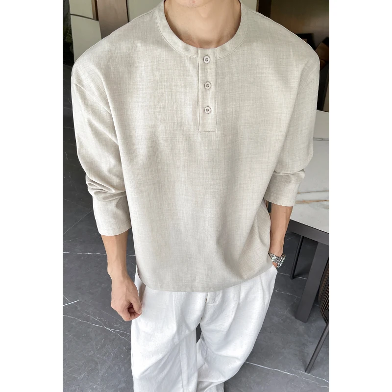 Mens Casual Faux Linen Henley  - Mens Fashion Casual ulasan dan harga
