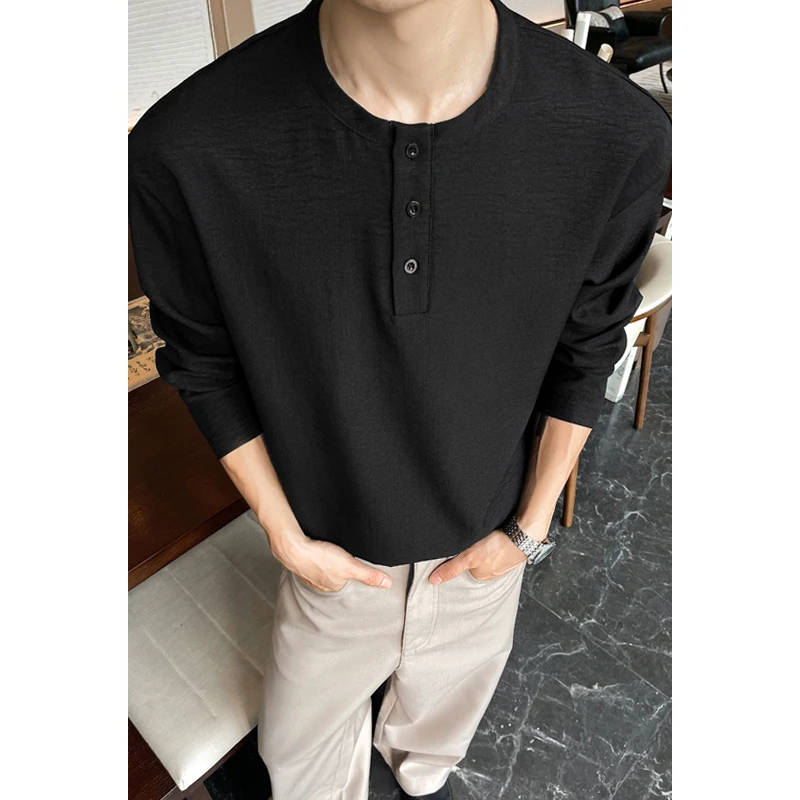 Mens Casual Faux Linen Henley  - Mens Fashion Casual ulasan dan harga